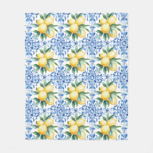 Watercolor Lemon Blue Tile Fleece Blanket