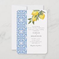 Watercolor Lemon Blue tile Mediterranean Wedding