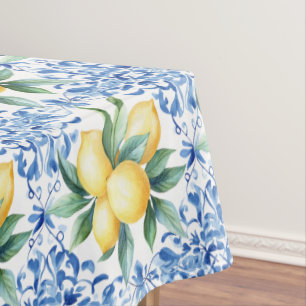 Watercolor Lemon Blue Tile Tablecloth