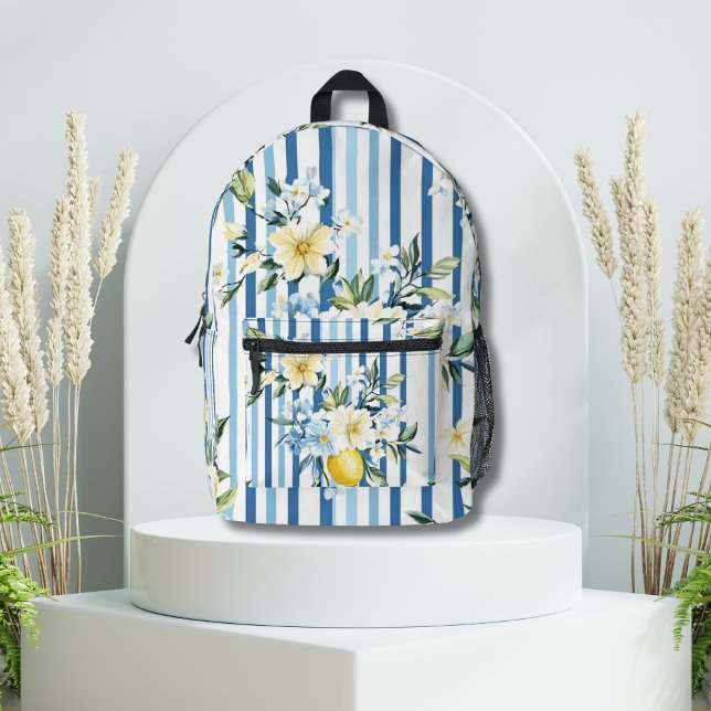 Watercolor Lemon Blue White Stripe  Printed Backpack (Creator Uploaded)