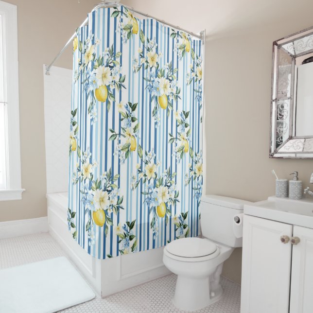 Watercolor Lemon Blue White Stripe  Shower Curtain (In Situ)