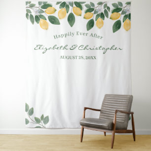 Watercolor Lemon Botanical Backdrop Wedding Tapestry
