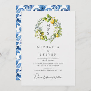 Watercolor Lemon Botanical Wreath Wedding Invitation