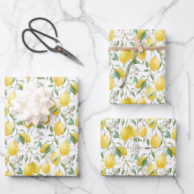 Watercolor Lemon Bouquet Summer Pattern Wrapping Paper Sheet (Front)