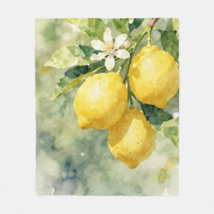 Watercolor Lemon Branch Botanical Summer Fleece Blanket
