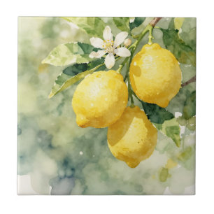 Watercolor Lemon Branch Botanical Summer Tile