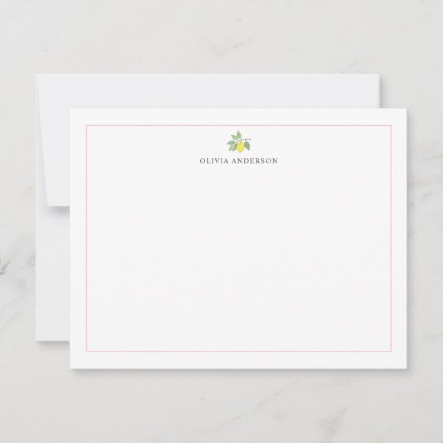 Watercolor Lemon Branch Pink Border Personalized Card (Front)