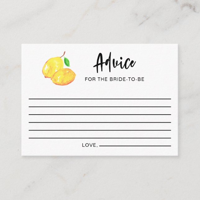 Watercolor Lemon Bridal Shower Advice Lettering Card (Front)