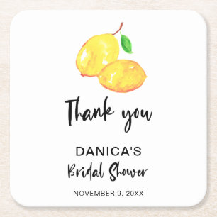Watercolor Lemon Bridal Shower thank you simple Square Paper Coaster