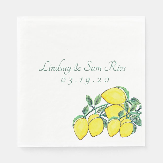 Watercolor Lemon  Bunch Citrus Yellow Wedding Napkin (Front)