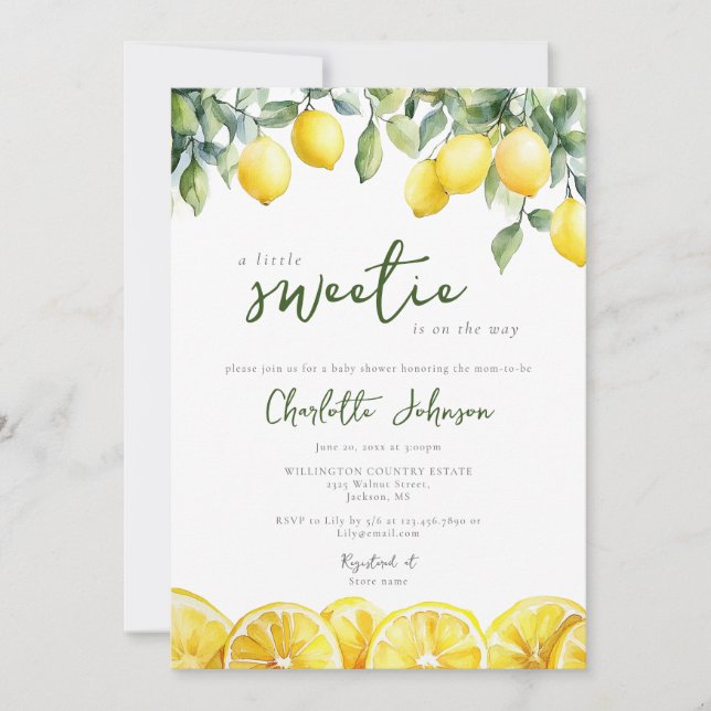 Watercolor Lemon Citrus All In One Baby Shower Invitation (Front)