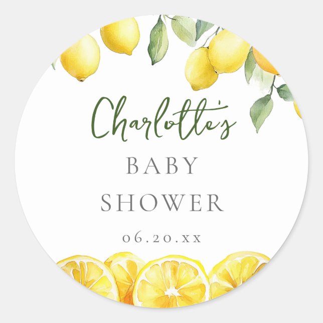Watercolor Lemon Citrus Baby Shower Favour Classic Round Sticker (Front)