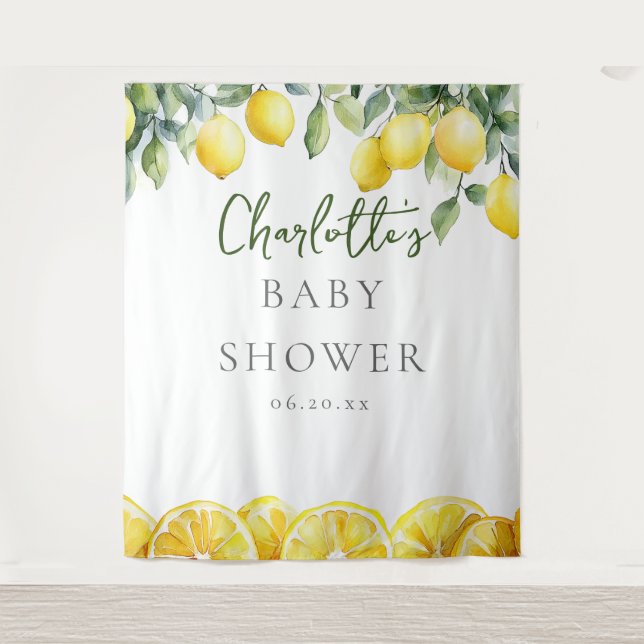 Watercolor Lemon Citrus Baby Shower Photo Backdrop Tapestry (Front)