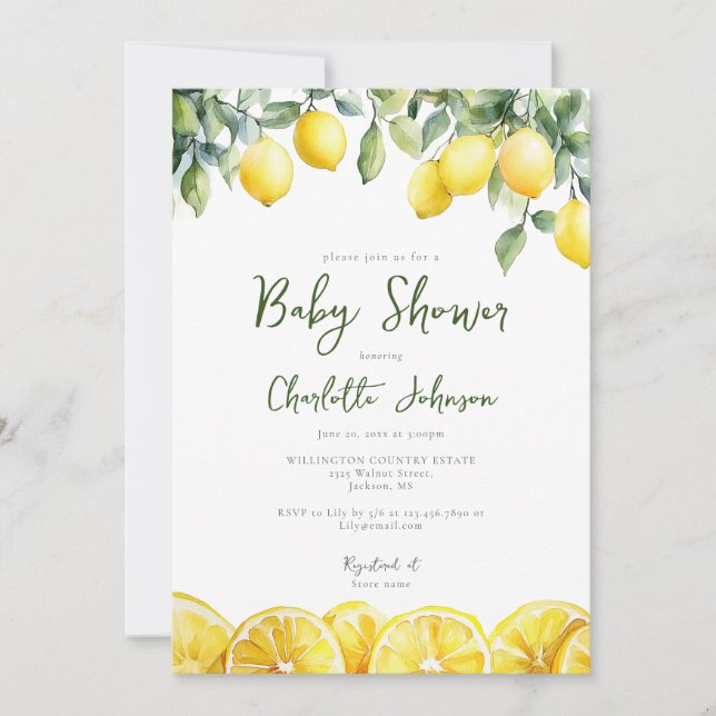 Watercolor Lemon Citrus Baby Shower Photo Invitation (Front)