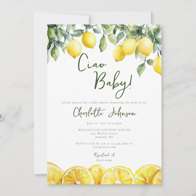 Watercolor Lemon Citrus Baby Shower Photo Invitation (Front)