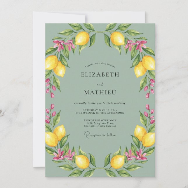 Watercolor Lemon Citrus Blossom Wedding Invitation (Front)