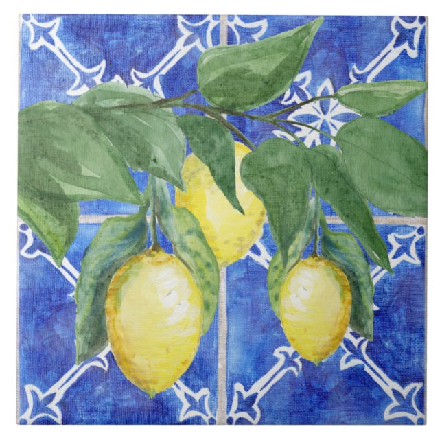 Watercolor Lemon Citrus Foliage Pattern Blue White Tile (Front)