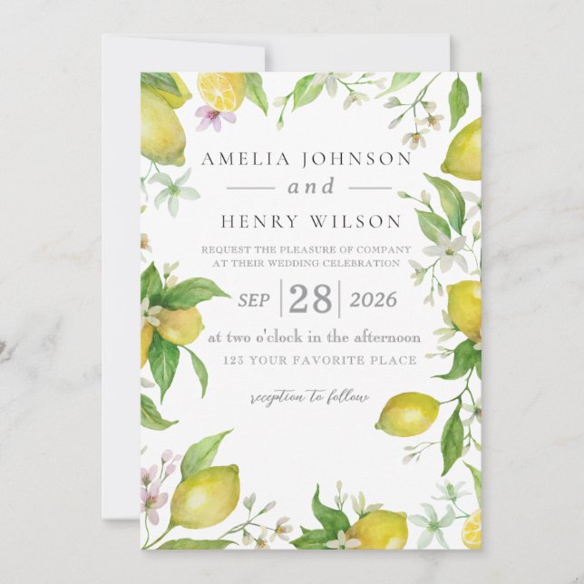 Watercolor Lemon Citrus Fruit Wedding Invitation (Front)