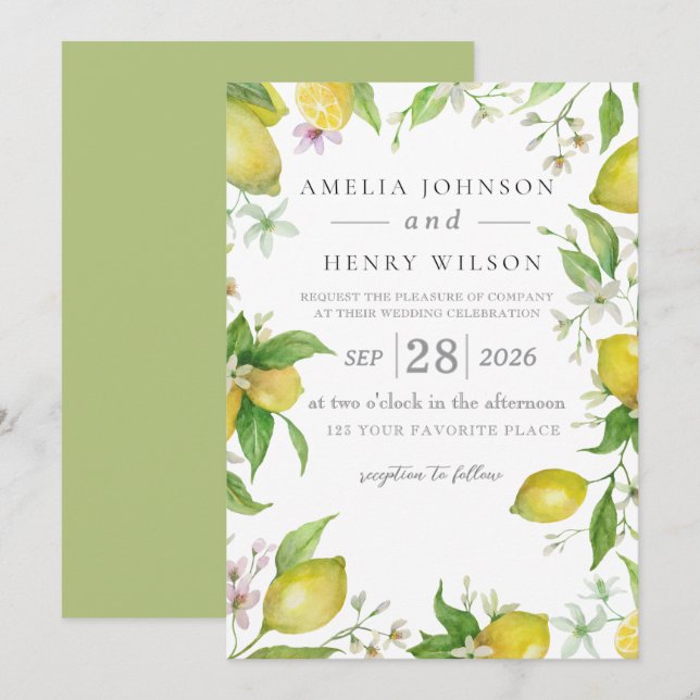Watercolor Lemon Citrus Fruit Wedding Invitation (Front/Back)