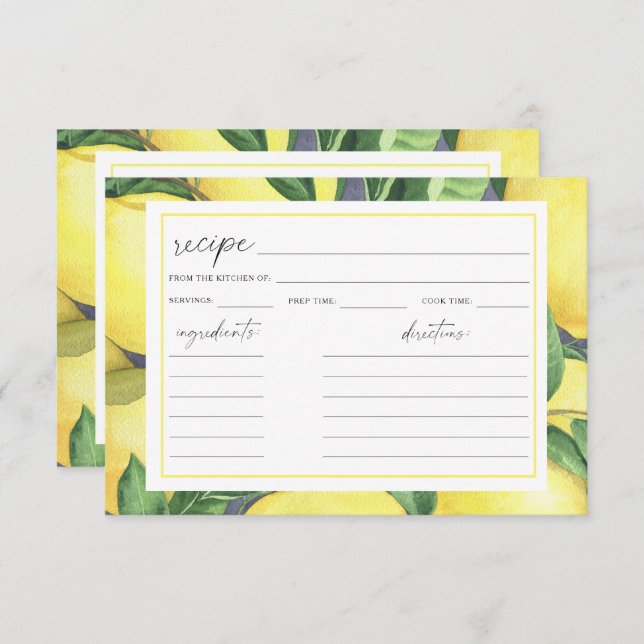 Watercolor lemon citrus - recipe Bridal shower (Front/Back)