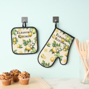 Watercolor Lemon Citrus Rustic Kitchen Oven Mitt & Pot Holder Set