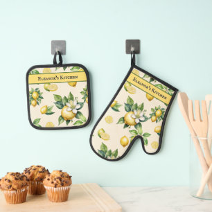 Watercolor Lemon Citrus Rustic Kitchen Oven Mitt & Pot Holder Set