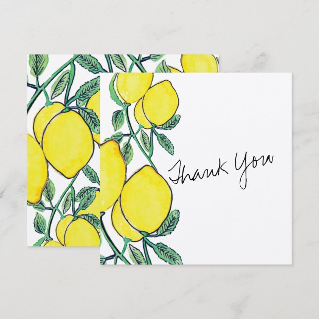 Watercolor Lemon Citrus Script Thank You Card (Front/Back)