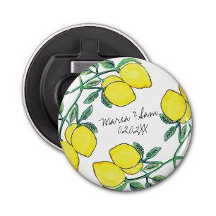 Watercolor Lemon Citrus Script Wedding    Bottle Opener