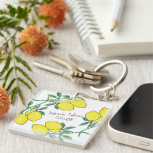 Watercolor Lemon Citrus Script Wedding   Key Ring