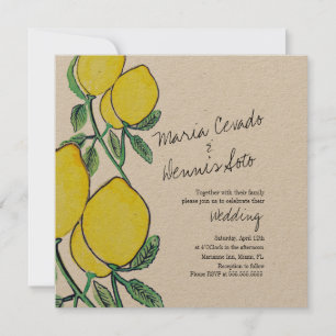 Watercolor Lemon Citrus Script Wedding Kraft Invitation