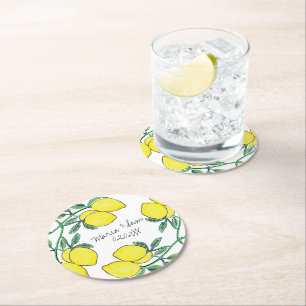Watercolor Lemon Citrus Script Wedding Round Paper Coaster