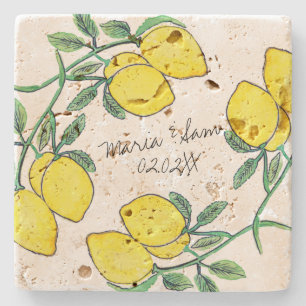 Watercolor Lemon Citrus Script Wedding Stone Coaster