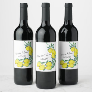Watercolor Lemon Citrus Script Wedding  Wine Label