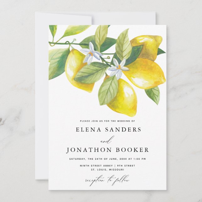 Watercolor Lemon Citrus Wedding Invitation (Front)