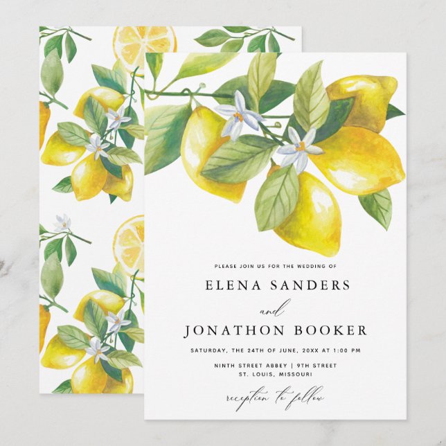 Watercolor Lemon Citrus Wedding Invitation (Front/Back)