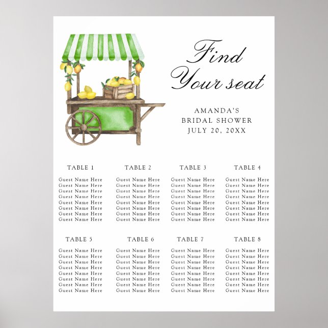 Watercolor Lemon citrus wedding seating chart (Front)