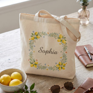 Watercolor Lemon Citrus Wreath Summer Floral Tote Bag