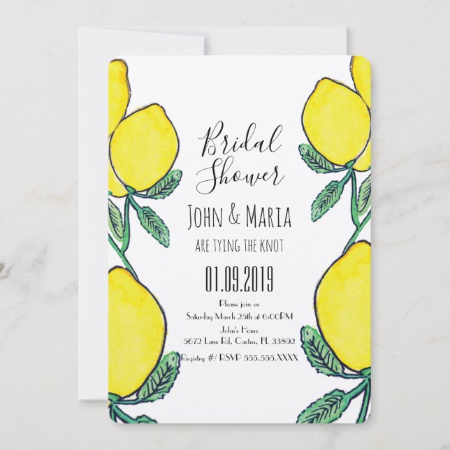 Watercolor Lemon Citrus Yellow Bridal Shower  Ecru Invitation (Front)