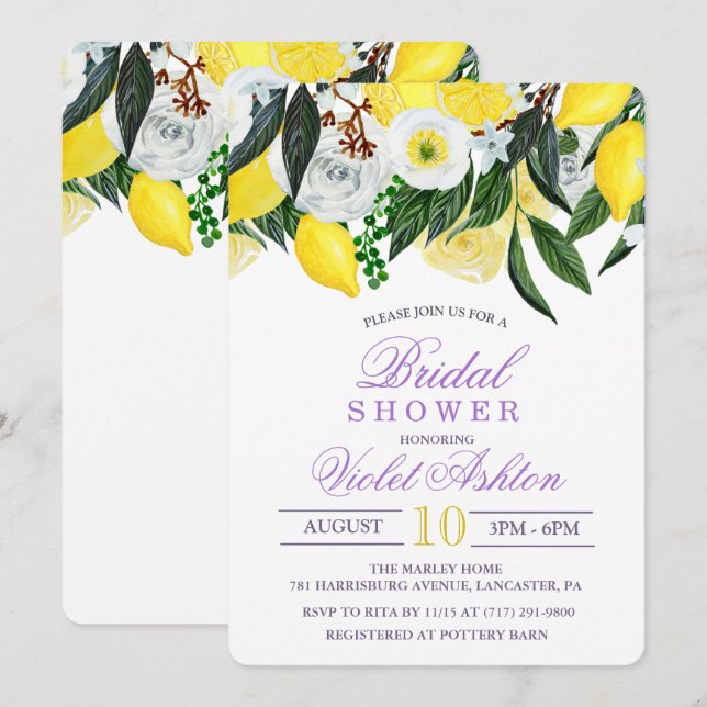 Watercolor Lemon Floral Bridal Shower Invitation (Front/Back)