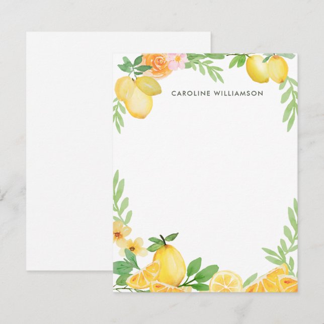 Watercolor Lemon Floral Personalised Stationery  Card (Front/Back)
