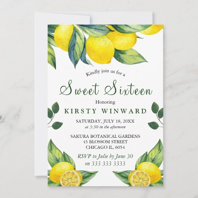 Watercolor Lemon Floral Sweet 16 Invitation (Front)