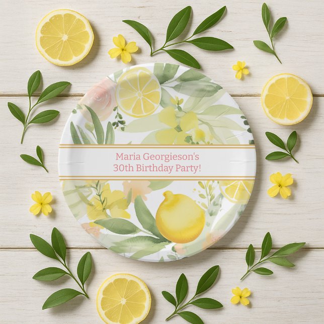 Watercolor Lemon Floral Themed Birthday Party Paper Plate (Creator Uploaded)