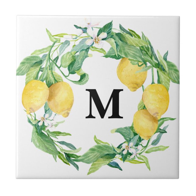 Watercolor Lemon Floral Wreath w Family Monogram Tile (Front)