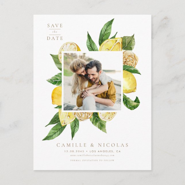 Watercolor Lemon Frame Botanical Photo Announcement Postcard (Front)