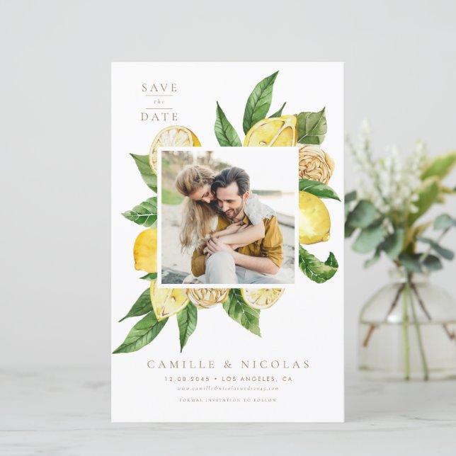 Watercolor Lemon Frame Photo Save the Date (Standing Front)