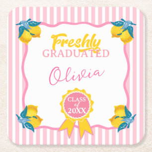 Watercolor Lemon Freshly Graduated Party Class 26 Square Paper Coaster