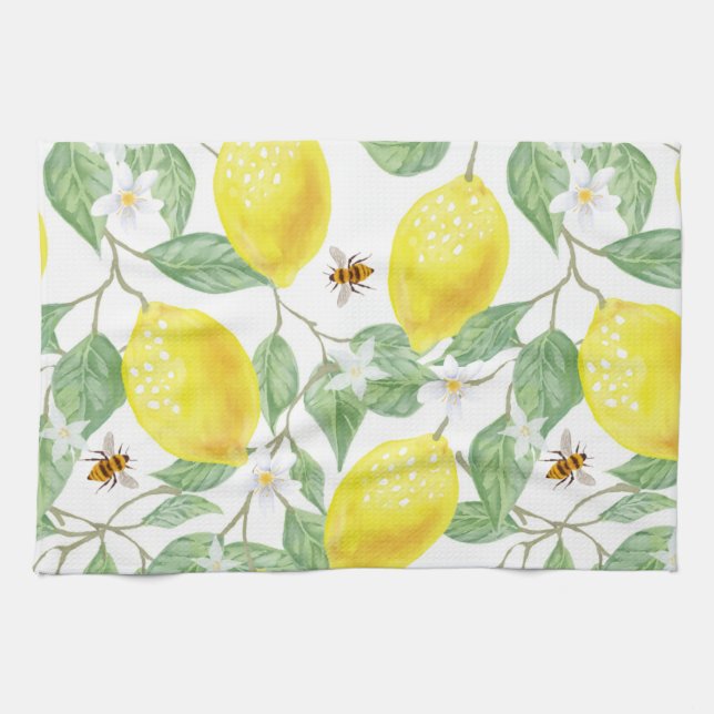 Watercolor Lemon Fruit, Lemon Blossom and Bees Tea Towel (Horizontal)