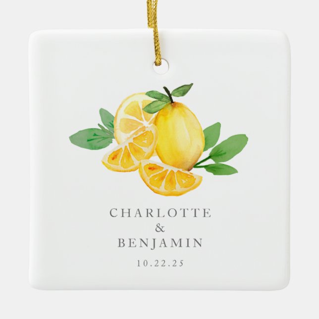 Watercolor Lemon Fruit Personalised Wedding  Ceramic Ornament (Front)
