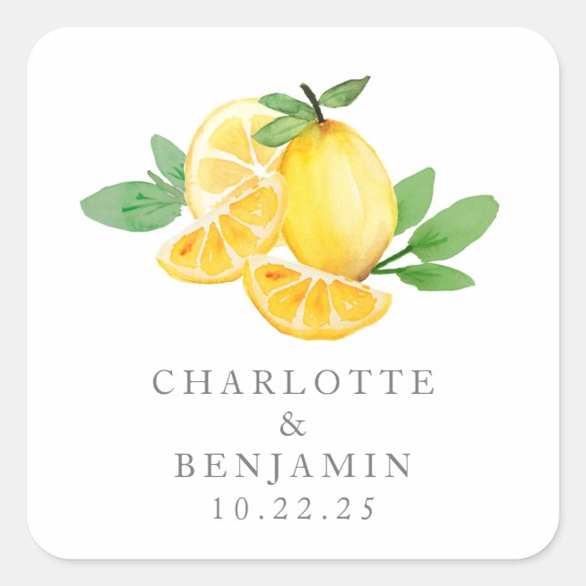 Watercolor Lemon Fruit Personalised Wedding  Square Sticker (Front)