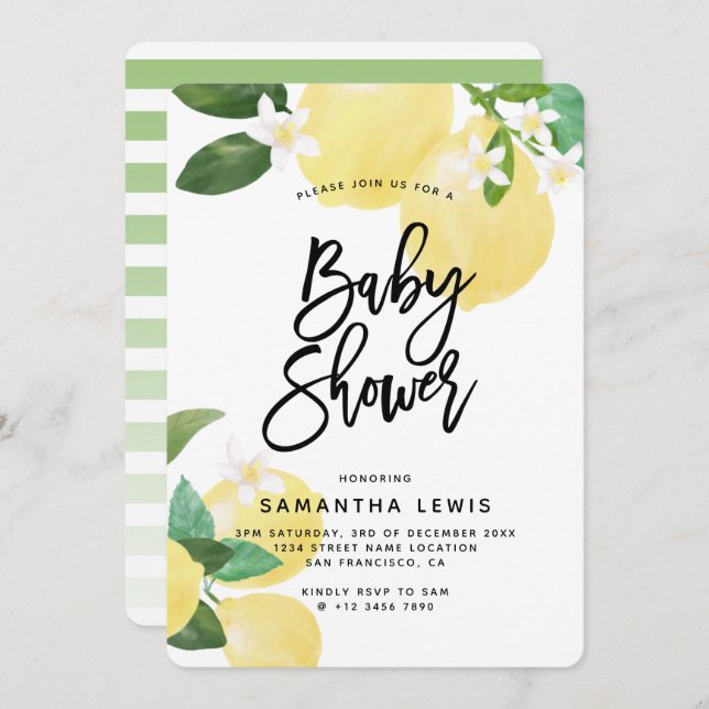 Watercolor Lemon Garden Baby Girl Shower Invitation (Front/Back)